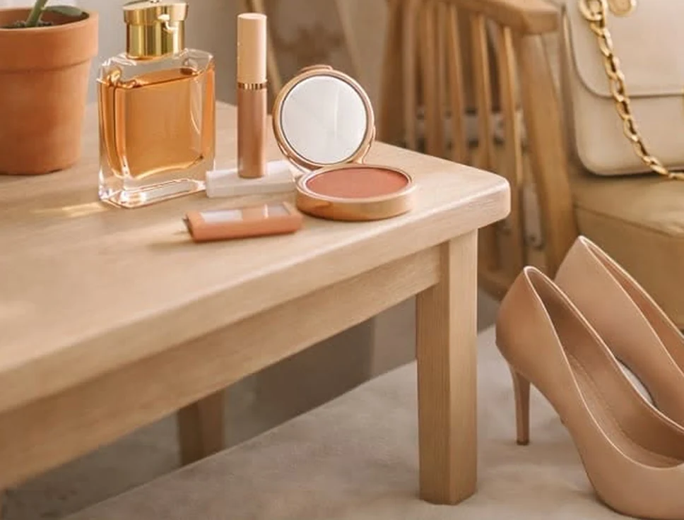 Beauty and lifestyle items in soft neutral tones