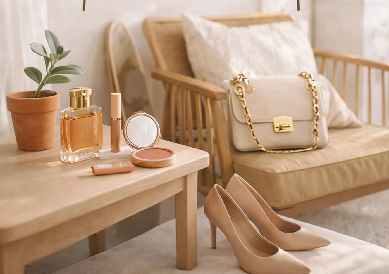 Warm ADORNO-style beauty and home collection featuring accessories, perfume, and cozy decor