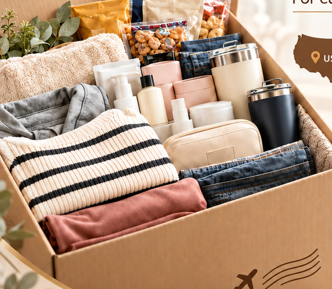 Carefully packed shipment containing clothing, accessories, and home items